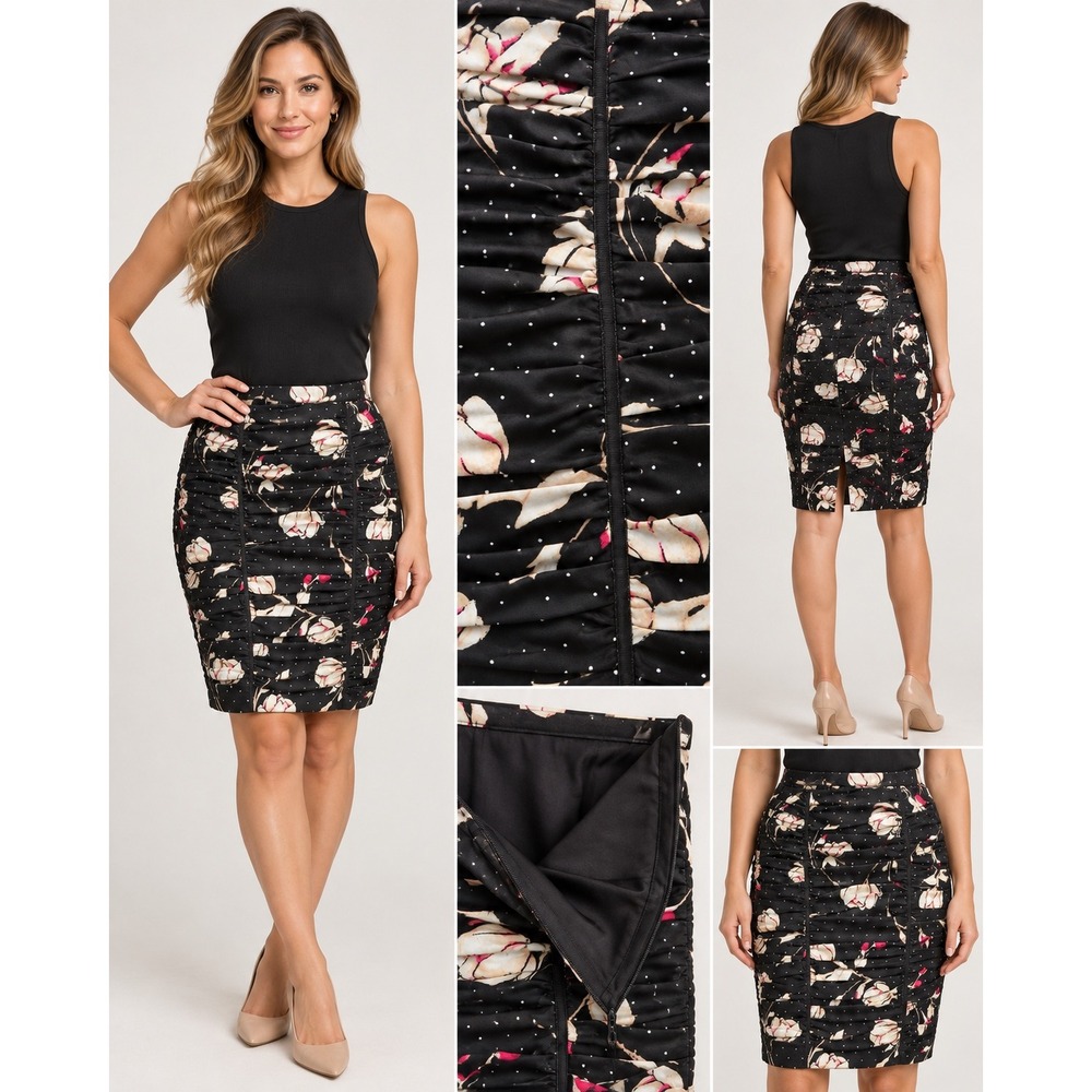 White House Black Market Floral Polka Dot Ruched Pencil Skirt Black Size 4